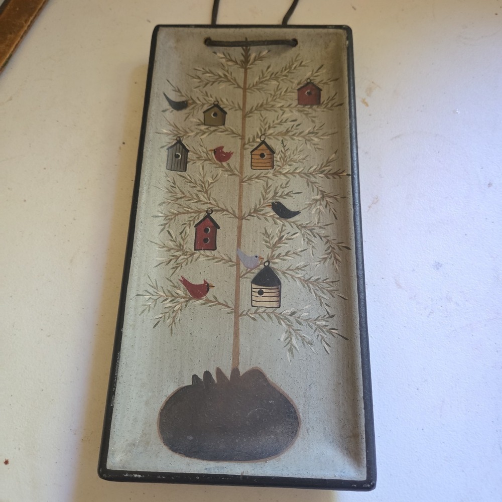 Donna White Birdhouse Birds Hand Painted Wall Hanging Wooden Tray Folk Art Tree